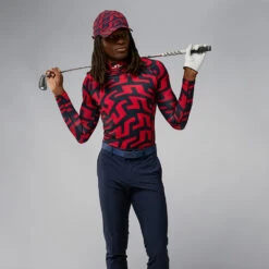 J.Lindeberg Aello Print Golf Base Layer -Golf Apparel Shop J. Lindeberg GMJT06853 G132 M Aello Soft Compression Print BLLIN008 Bridge Swirl Red Model 1